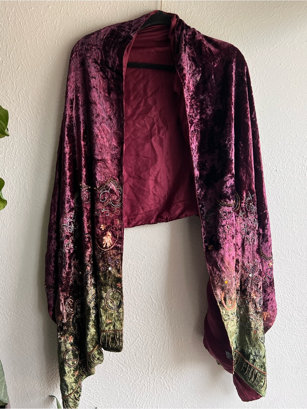Embroidered Velvet Open-Front Shawl Poncho - Burgundy